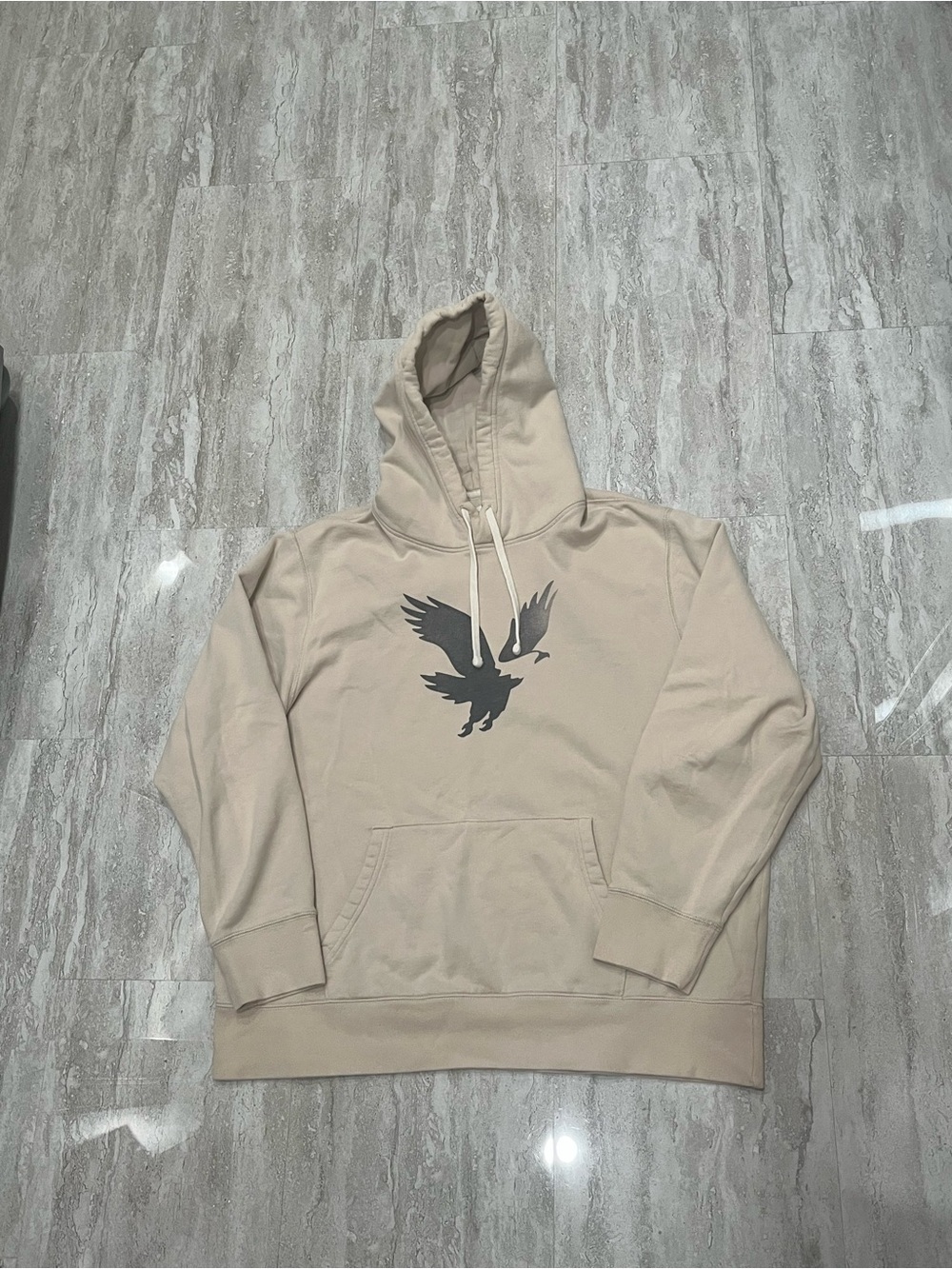 American Eagle Outfitters Beige Hoodie with Dark Gray Eagle Graphic